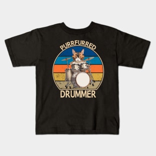 PurrFurred Drummer Funny Cat Playing Drums Kids T-Shirt